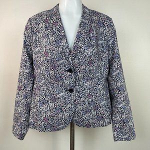 Talbots Blazer 12P Navy Blue Floral Two-Button Jacket Career Cotton Women's